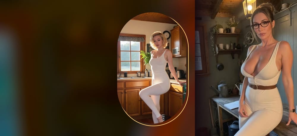Two AI-generated adult women in lingerie, one in a capsule frame, one full height