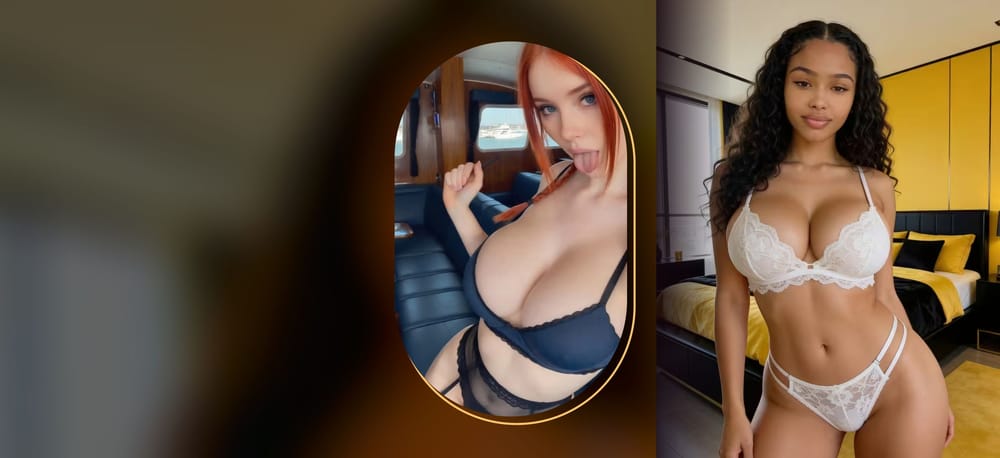 Two AI-generated women in lingerie: a curly-haired woman in white lace and a red-haired woman in navy