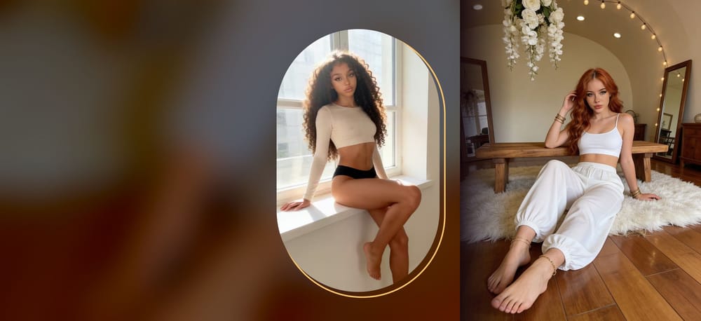 Two AI-generated adult women in lingerie, one in a capsule frame, one full height