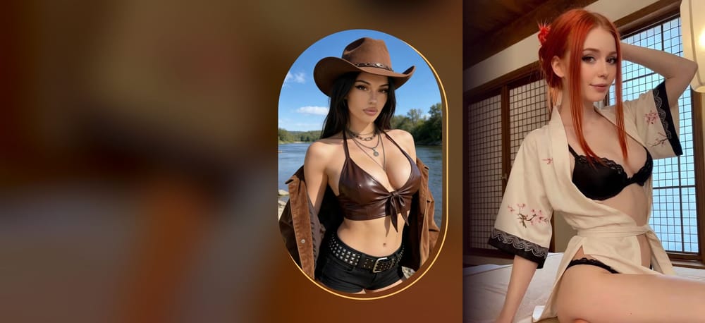 Two AI-generated adult women in lingerie, one in a capsule frame, one full height